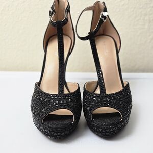 Thalia Sodi Black Glitter T-Strap Heels (NWOT)
